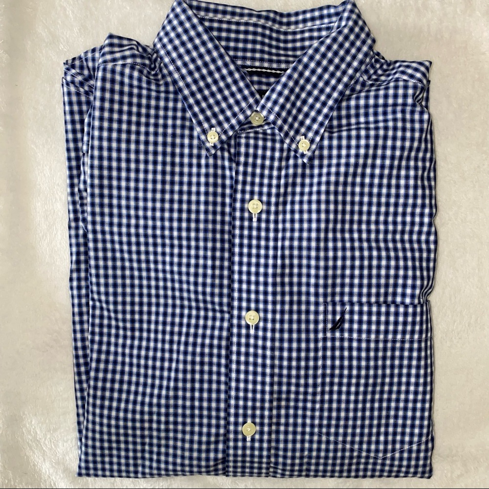 Men’s Nautica Navy Blue and White Plaid Dress Shirt - Wrinkle Resistant